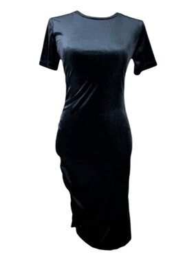 ZARA Short Sleeve T-Shirt Style Dress in Black Velveteen, Ruched Side, Size S.